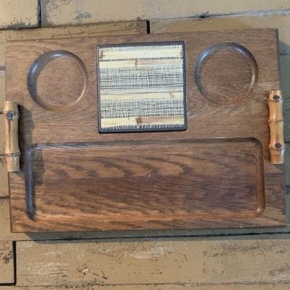 Vintage 1970’s Divided Wood Serving Tray With Hot Plate & Bamboo Handles - Picture 1 of 5
